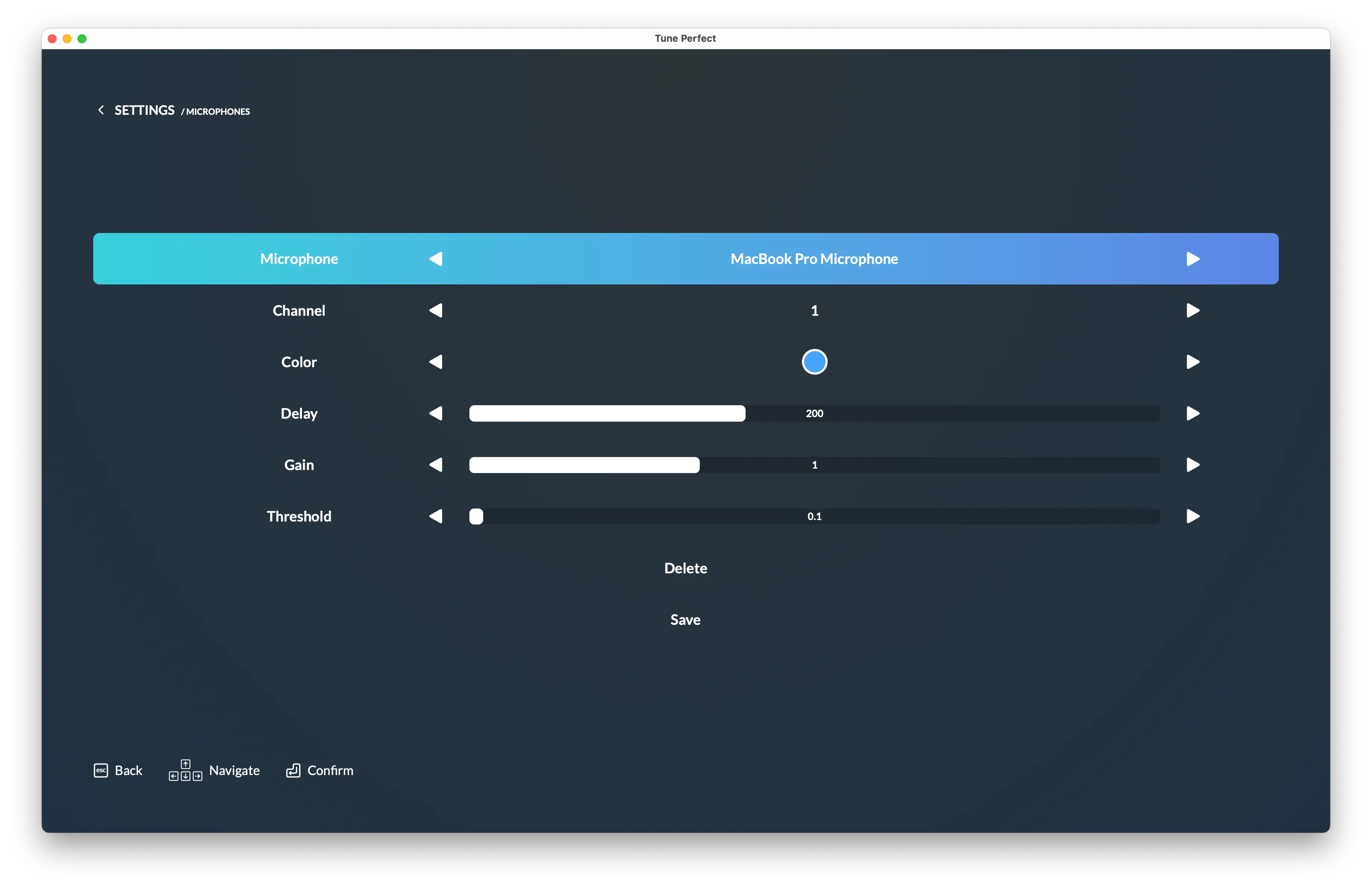 Screenshot of Tune Perfect microphone settings